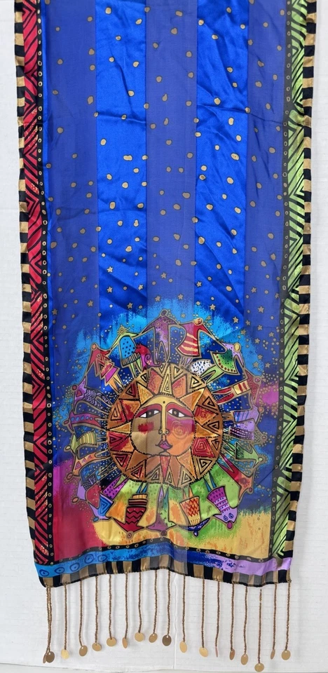 Bufanda de seda Laurel Burch Harmony Under The Sun con cuentas doradas borla flecos boho Foto 4 de 4