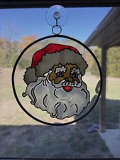 Vtg SANTA CLAUS Round Stained Glass Hanging Sun Catcher Christmas Decoration