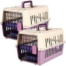 2 Set Hard Plastic Pet Carrier Breathable Dog Cat Kennel with Metal Door Bowl...