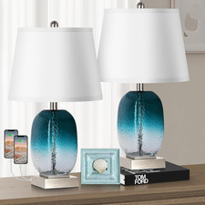 Set of 2 Touch Table Lamps Teal Glass USB 3-Way Dimmable LED Bedside Lamps
