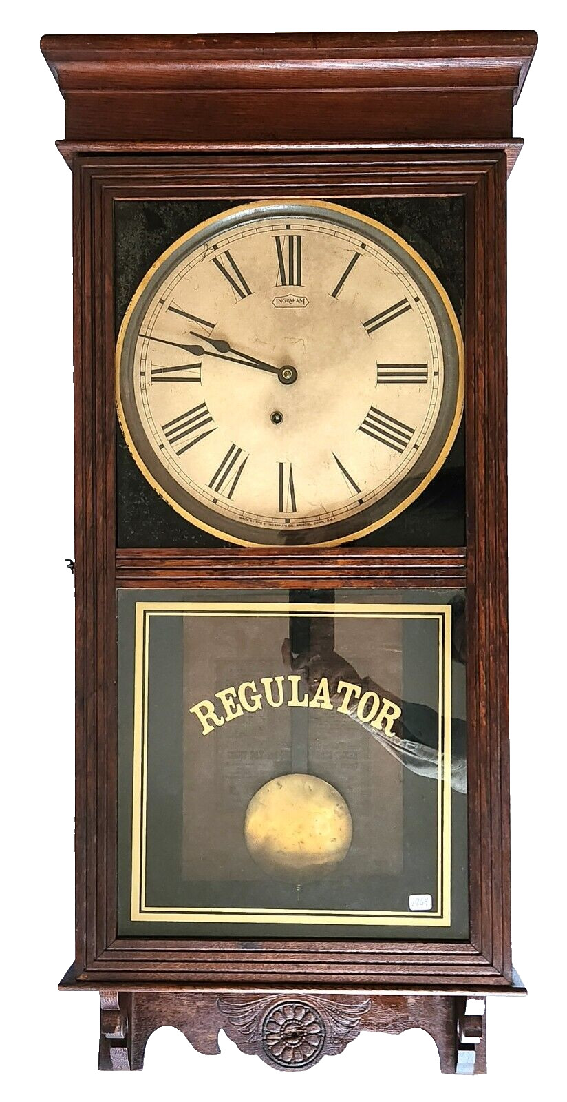 Wall Regulator CLOCK, E Ingraham Clock Co, Solid Oak, Brass Time Mvt, c1900, 34"