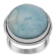 Handmade Boho Ring 21X21 MM Round Cab Larimar 925 Sterling Silver Ring