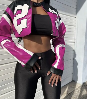 Jacket Size Small Women Cropped Bomber New Varsity Racing Coat Faux Leather