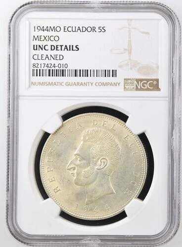 ECUADOR  5 SUCRES  1944  KM # 79  NGC UNC DETAILS.