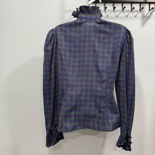 VTG 80s Jacqueline Fried Plaid Ruffle High Collar Prairie Shirt Preppy Womens S? - Picture 7 of 12