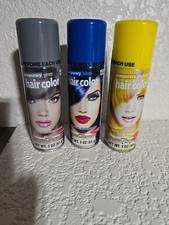 HALLOWEEN YELLOW BLUE GRAY HAIR COLOR - SPRAY On, SHAMPOO OUT 3 Pack 3oz. Cans