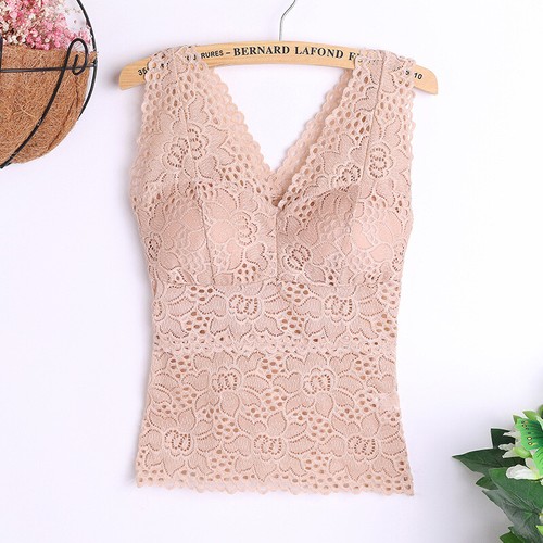 Women's Sexy V-neck Sleeveless Slim Solid Color Lace Camisole With Chest Pad - Picture 11 of 17