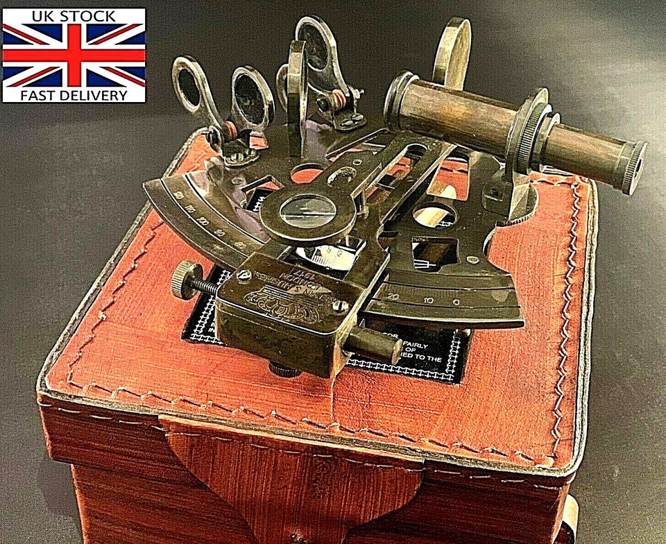 A 1917 Kelvin Hughes London sextant in its original leather case — Kelvin Hughes is THE storied British nautical instrument house, and a WWI-era example is genuinely rare and historically electric.