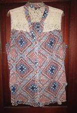 Zac & Rachel Woman Plus 3X 2X Button Down Shirt Blouse Top Tiered Print Chiffon