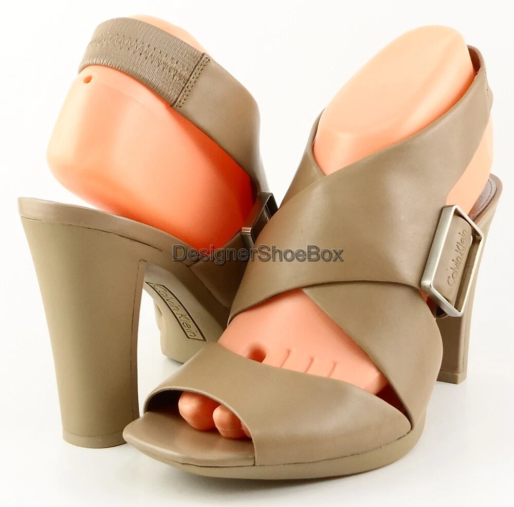 129 CALVIN KLEIN FELECITY Morel Designer Open Toe Strappy Sandals Heels 7.5