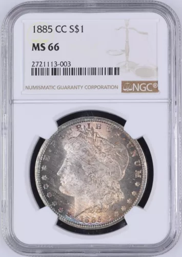 1885-CC Morgan Silver Dollar NGC MS66 - - Pretty Golden and Blue Toning