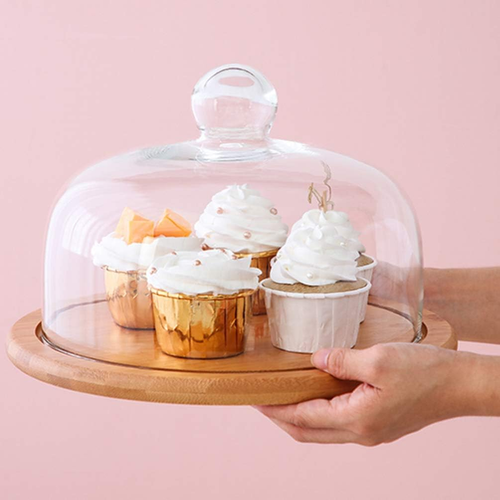 1 Set Glass Dome Cover with Bamboo Plate round Dessert Serving Plate Clear Cake - Picture 4 of 9