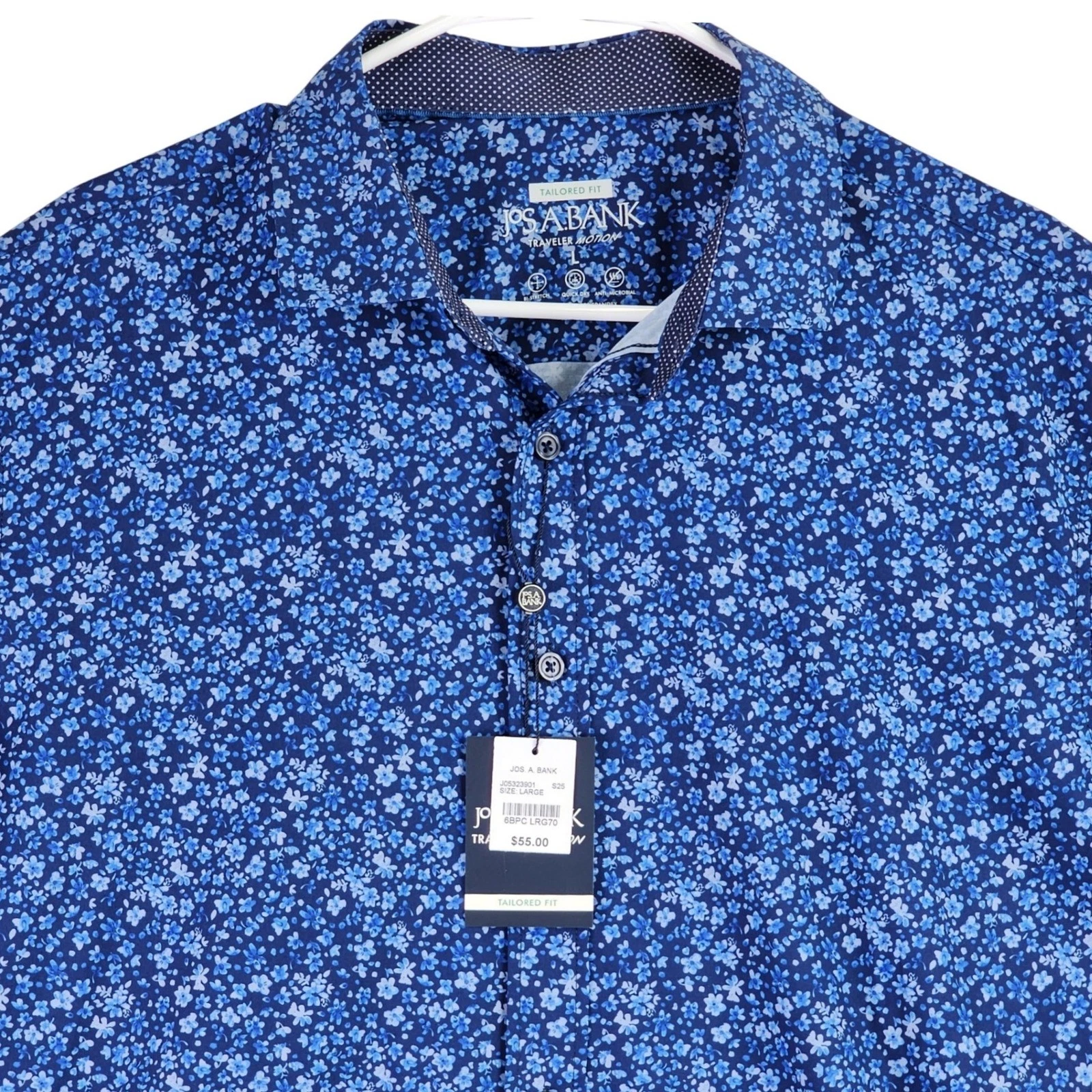 Jos. A. Bank Traveler Motion Shirt Mens Large Blue Floral Tailored Fit Stretch