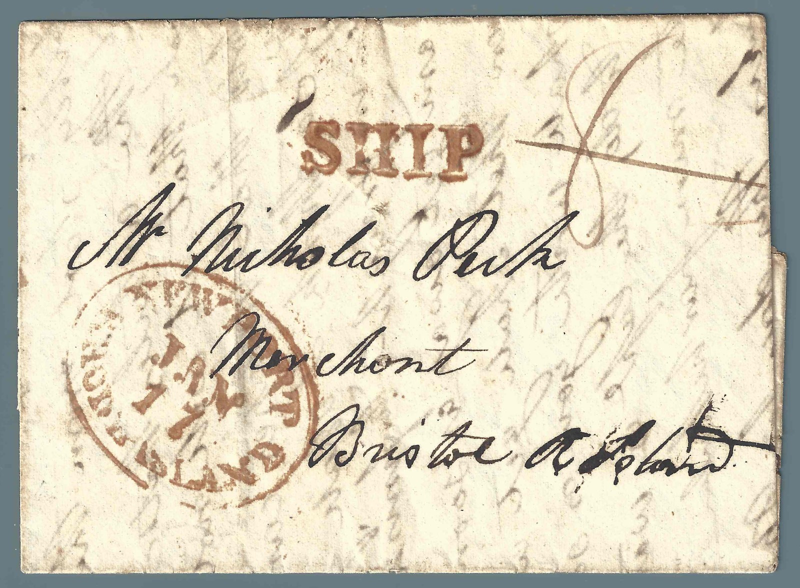ROJO "Newport, RI" óvalo en inglés antiguo y "ENVÍO" en 1828 carta de Nueva Orleans, en muy buen estado