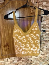 Forever 21 Cheetah Print Fuzzy Sweater Tank Top Size Small Mustard Yellow