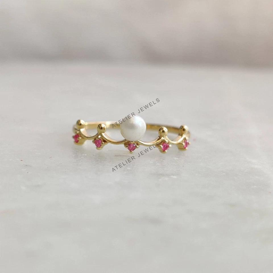 0.43 Ct Natural Pearl Ruby Band Ring 14K Gold Minimalist Birthstone Jewelry Gift - Image 4 of 4