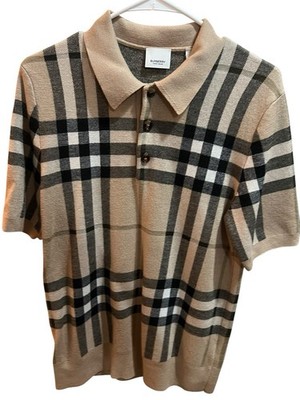 Burberry Men's Beige Polo Shirt Check Pattern Size M Short Sleeve Logo Accent