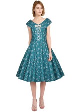 3X TEAL FLORAL CREAM LACE BOW VTG PINUP GIRLY TEA PARTY PRINCESS QUEEN SZ DRESS