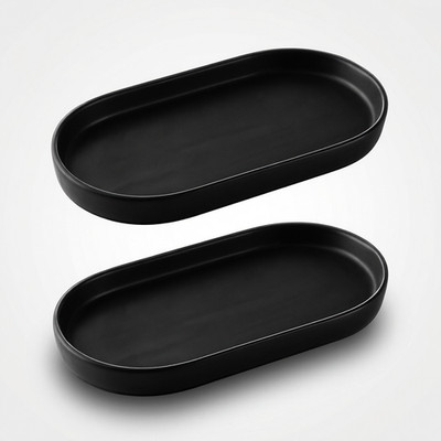 2 Pack Oval Vanity Tray Ceramic Organizer Plate Matte Black Bathroom Sink Decor