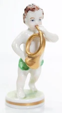 MULLER VOLKSTEDT Dresden Hand Painted French Horn Player Porcelain Figurine