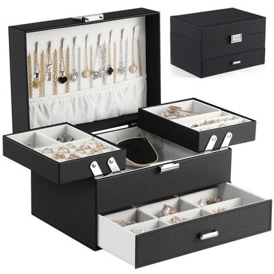 Dajasan Jewelry Organizer Box, Large 3 Layers with 1 Drawer, Black + Leather