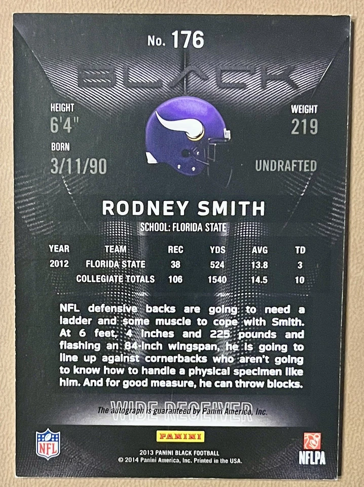 2013 Panini Black Black #176 Rodney Smith RC Rookie Auto /10 Sp Vikings - Image 2 of 2