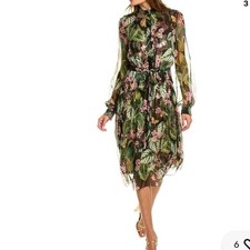 Oscar de la Renta Silk Chiffon Botanical Floral Midi Shirtdress Size 0 NEW liner