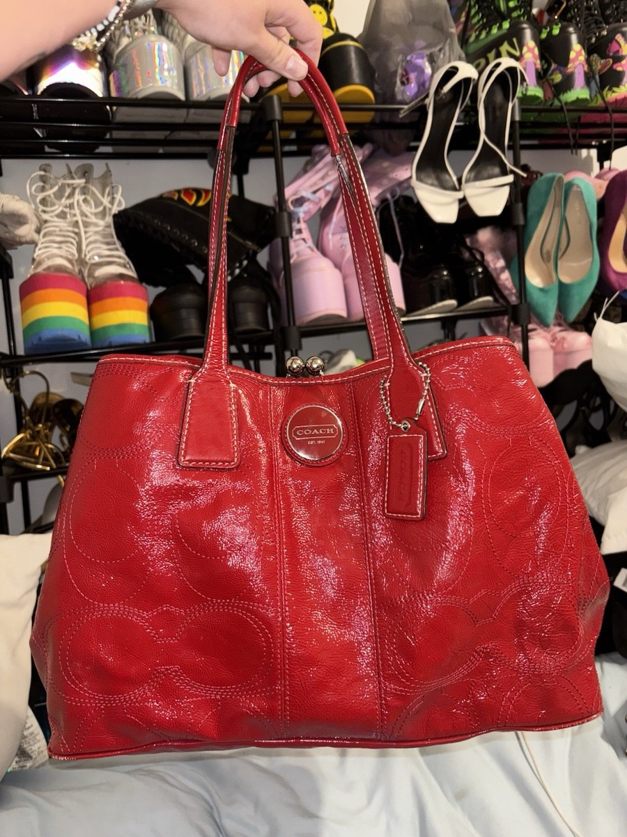 Coach Leather Candy Apple Red Tan Signature Monogram Kiss-lock