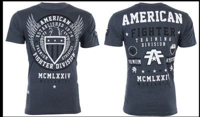 #ad AMERICAN FIGHTER Navy Blue Heather BELIEVE Athletic Graphic T shirt NWT $17.99