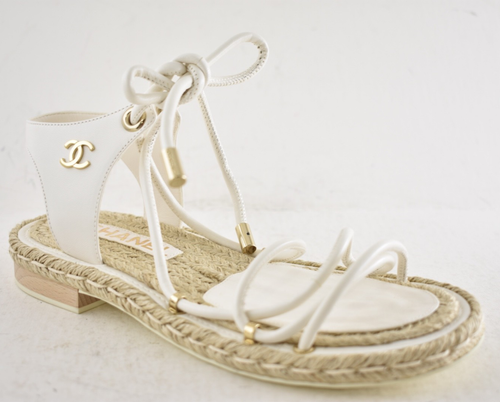 Chanel 20S White Lambskin CC Logo Mules Lace Up Tie Sandal Espadrille Flat 36 - Picture 5 of 21