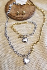 Heart Necklace earings bracelet set stainles steel 2 tone