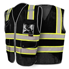 FX Class2 Hi-Vis Reflective Safety Vests with 6 Pockets and Zipper Front Black.