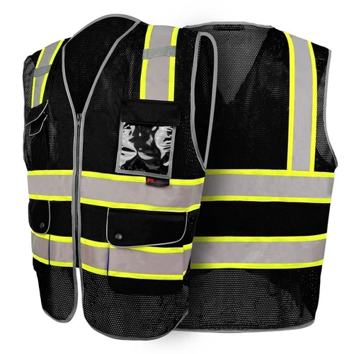 FX Class2 Hi-Vis Reflective Safety Vests with 6 Pockets and Zipper Front Black. - product listing photo
