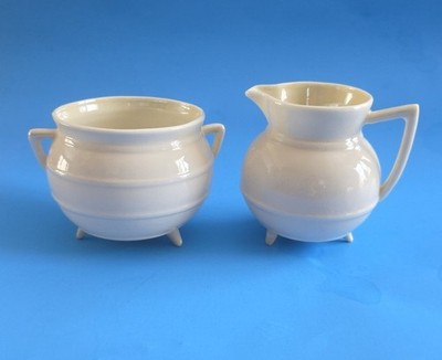 Belleek Aberdeen Creamer & Open Sugar Bowl Green Mark Tripot Feet Ireland