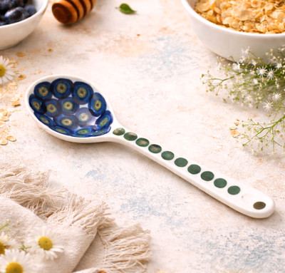 Polish Pottery Sugar  Spoon Peacock Dots Floral Ceramic Serving Spoon Handmade