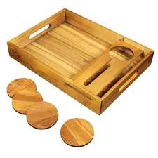 VinoTray - 17" Acacia Wood Serving Tray with Handles, Coasters & Removable 