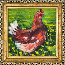 Pintura al óleo original pollo gallina animal de granja arte rústico 4x4 decoración enmarcada