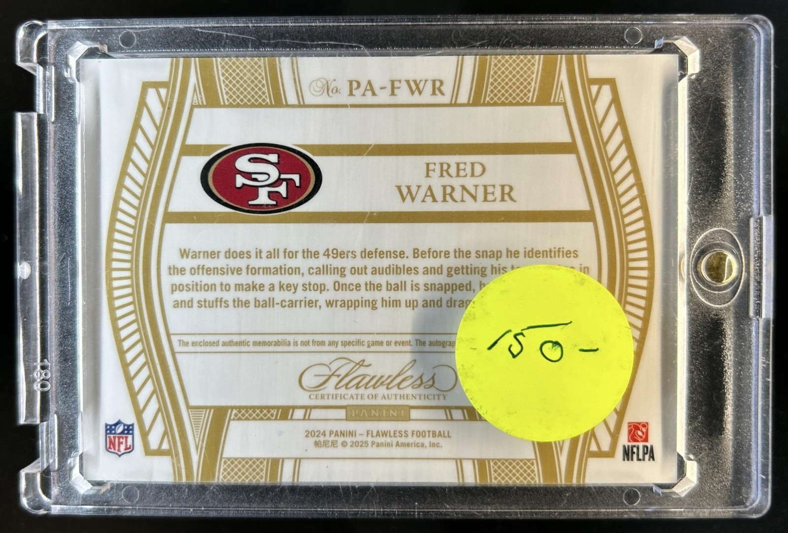 2024 Panini Flawless Fred Warner Patch Auto Autograph #/25 49ers view 2