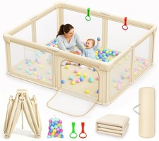 59"X71" Foldable Baby Playpen with Mat Play Pen for Baby and Toddler Beige  ...