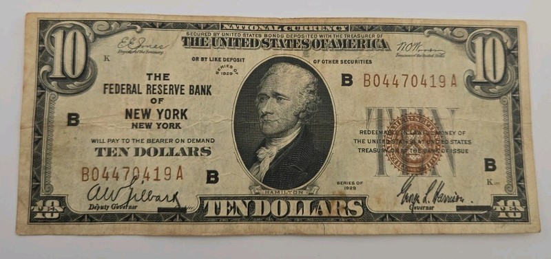 1929 $10 National Currency The Federal Reserve Bank Of New York, NY
