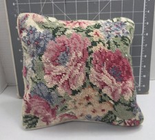 Vintage Needlepoint Pillow Floral Roses Wool Handmade Cottage Cabin 10x10 Cream