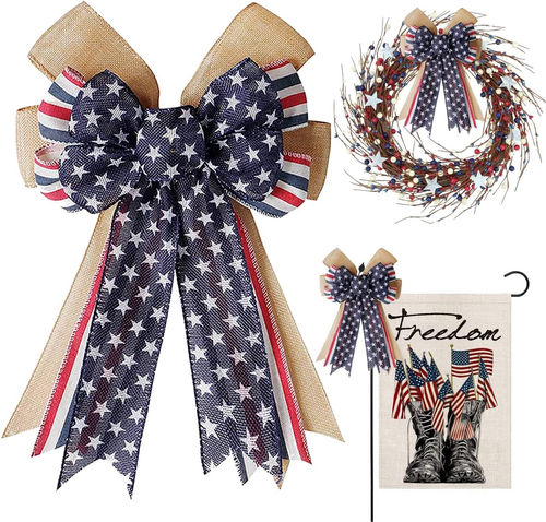 Patriotic Decor Bows for Wreaths,Burlap Red White Blue Stripe Stars Tree Topper