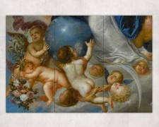 Putti Holding Flowers and An Orb Globe ceramic tile mural backsplash