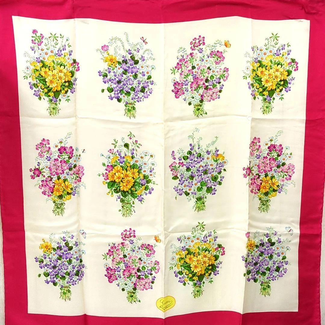 Echarpe femme GUCCI 100% soie motif fleurs   Rose, jaune, vert, violet, blanc