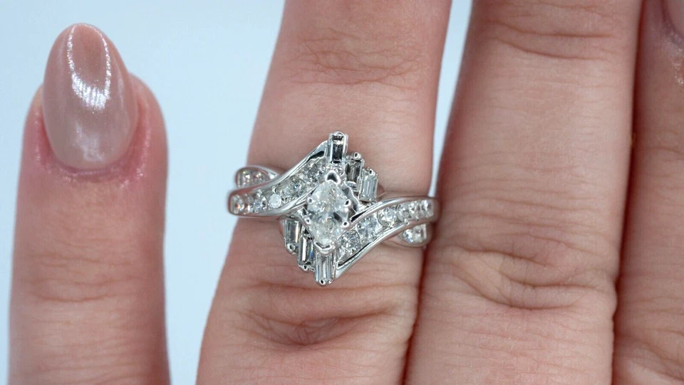 14KT White Gold .99 CTTW Marquise Natural Diamond Bypass Engagement Ring GIA - Image 4 of 4