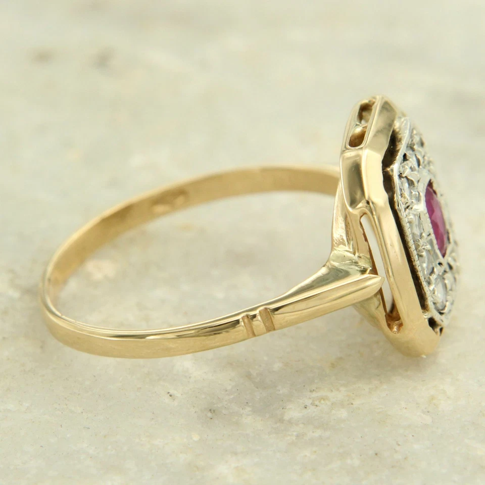 Bague en OR Jaune 14 Carats k RUBIS Naturelle et DIAMANT style Ancienne Femme - Photo 3/4