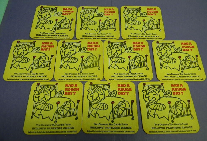 VINTAGE BELLOWS WHISKEY LOUISVILLE KENTUCKY HAD ROUGH DAY HOSPITAL BED COASTERS