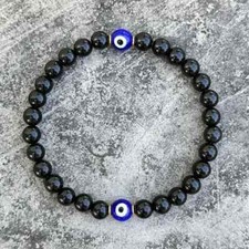 Natural 6mm Black Tourmaline Stretch Bracelet Evil Eye Beads Empath Protection