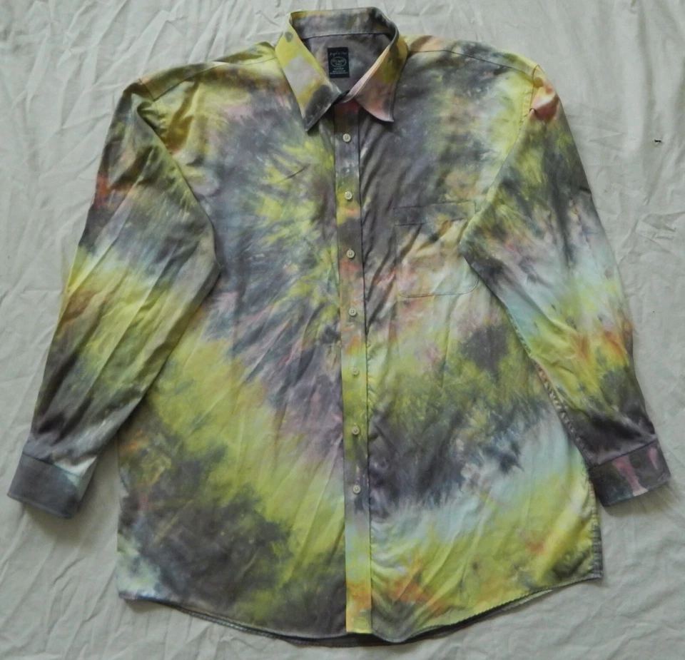Tie Dye Yellow Black Long Sleeve Button Up Shirt - 2XLT Mens Hand Made XXL Tall - Image 3 of 4