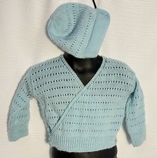 1980s Vtg Hand Knitted Light Blue Baby Sweater and Hat Lace Pattern Infant VNeck